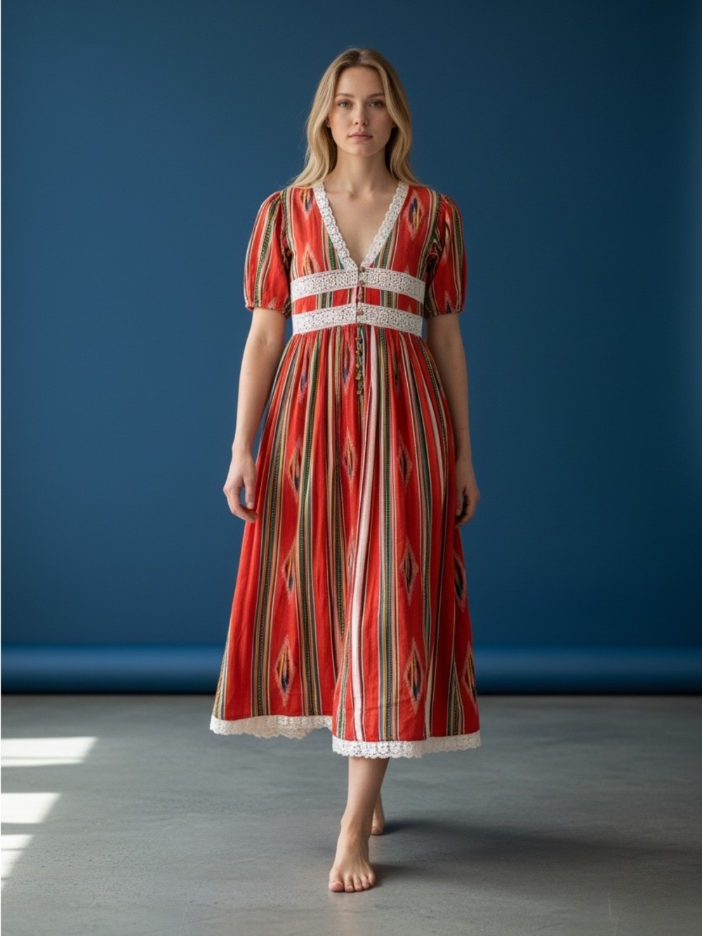 Red Striped Cotton Midi Dress with Lace Trim